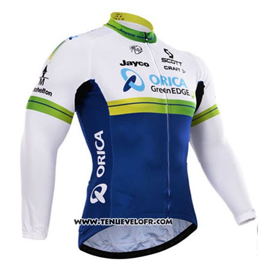 2015 Maillot Ciclismo Orica GreenEDGE Blanc et Bleu Manches Longues et Cuissard